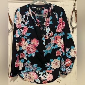 Yumi Kim Black Blouse with Pink and Blue Floral Design (NWOT)